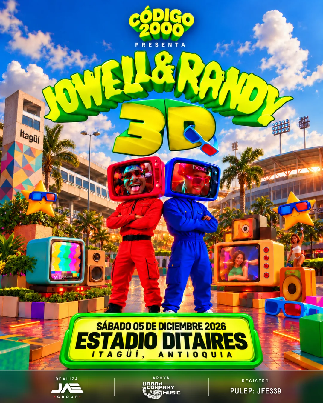 Flyer oficial: Código 2000 presenta Jowell & Randy 3D, sábado 5 de diciembre de 2026, Estadio Ditaires, Itagüí